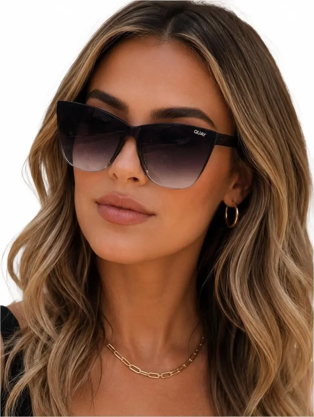 Quay Australia Come Thru Cat Eye Sunglasses Oversized Black Fade Gradient UV